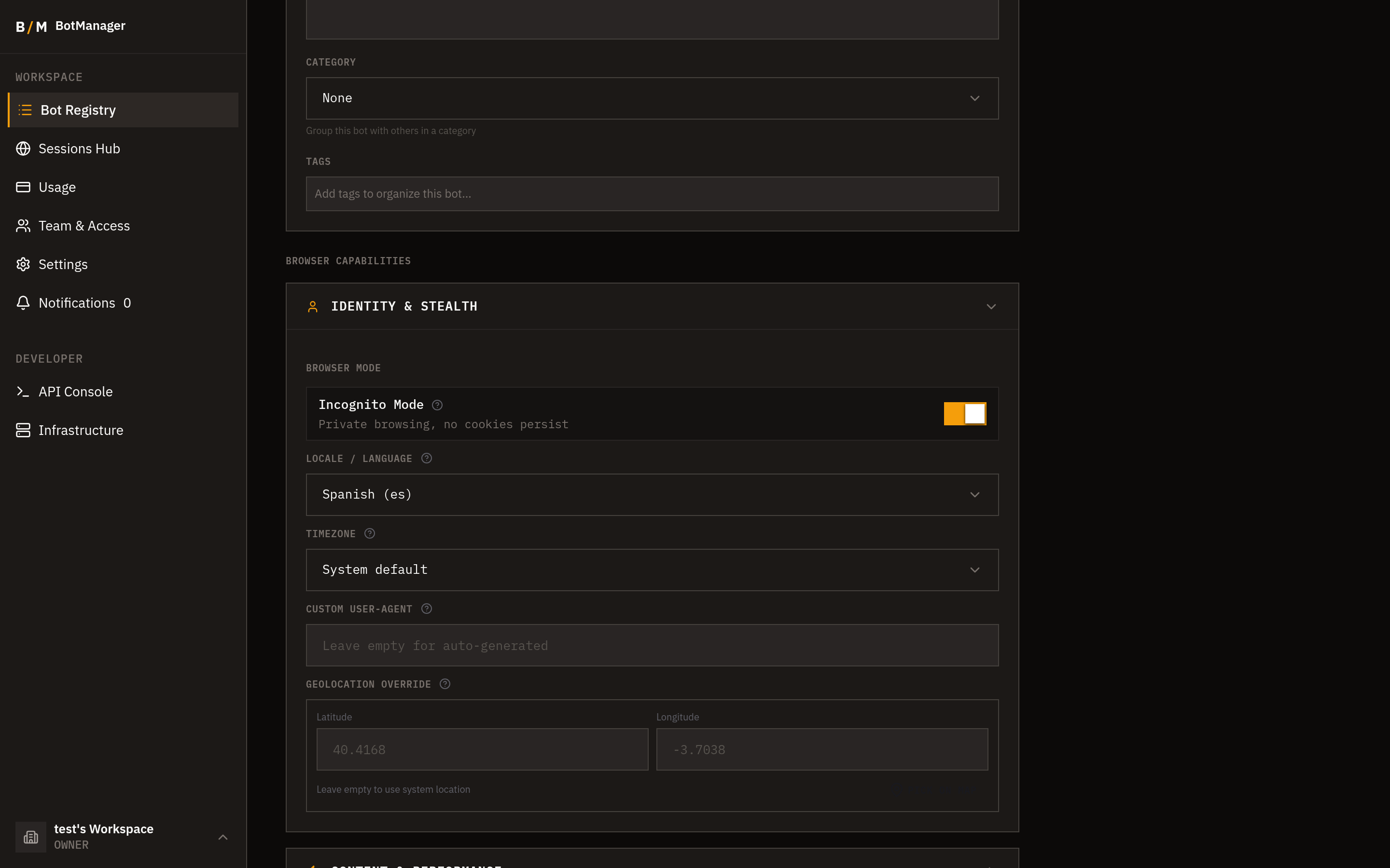 Browser capabilities - Identity and Stealth settings