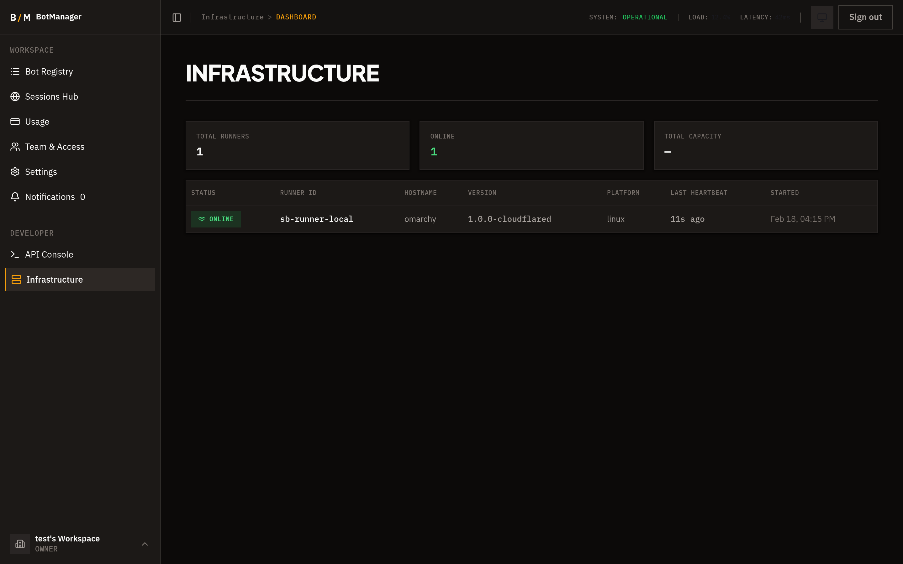 Infrastructure dashboard showing registered runners