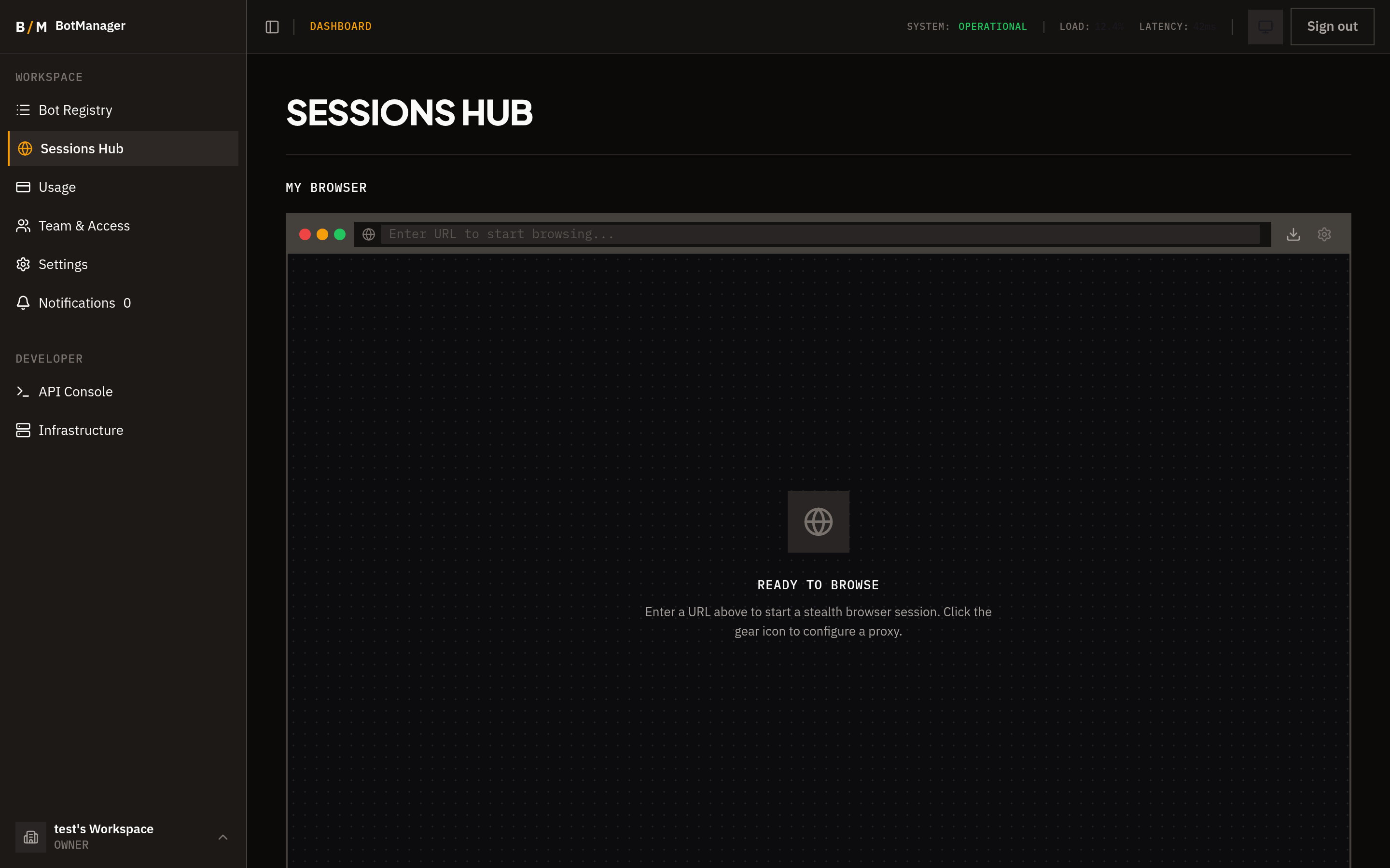 Sessions Hub with stealth browser