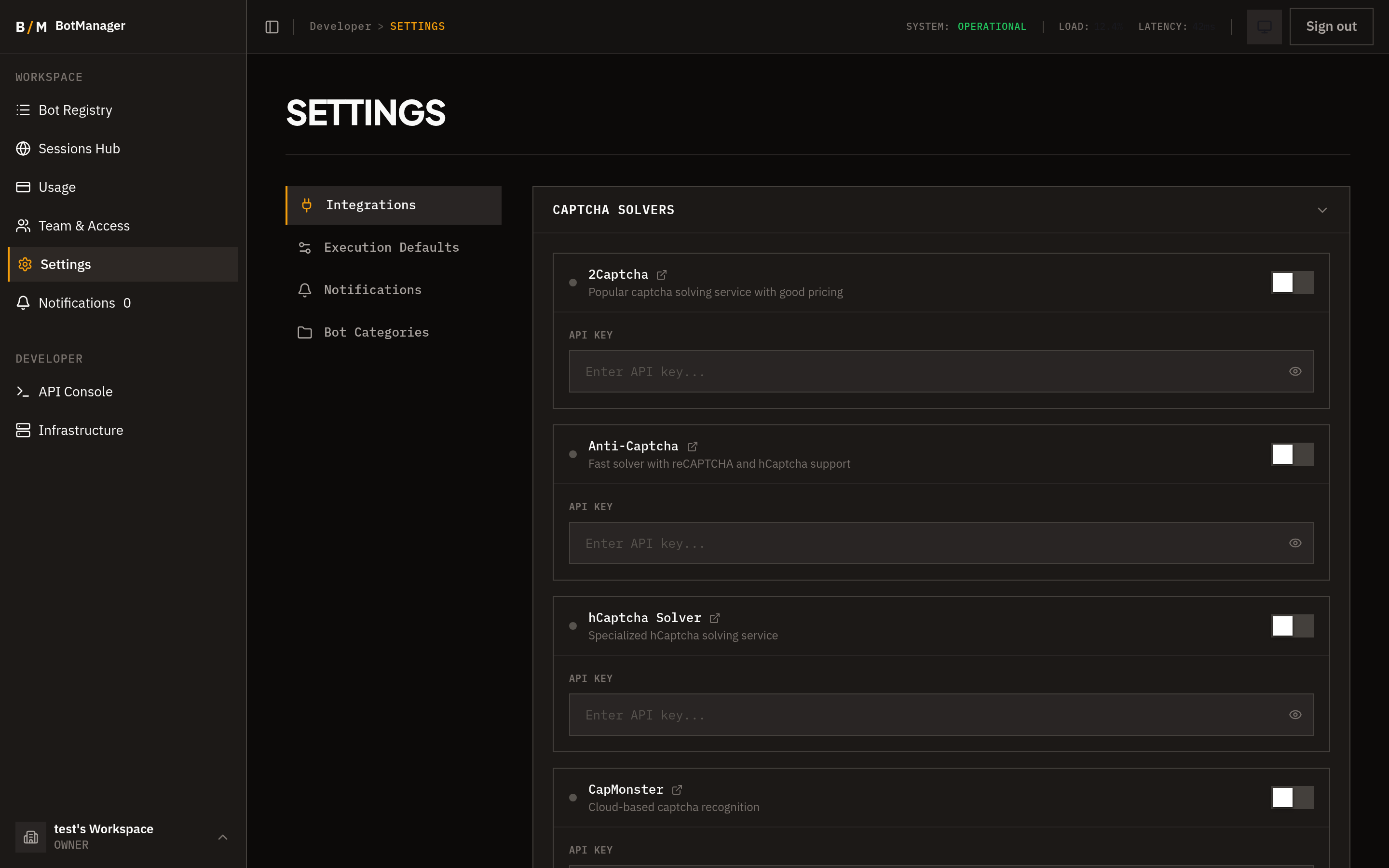 Settings page showing integration configuration