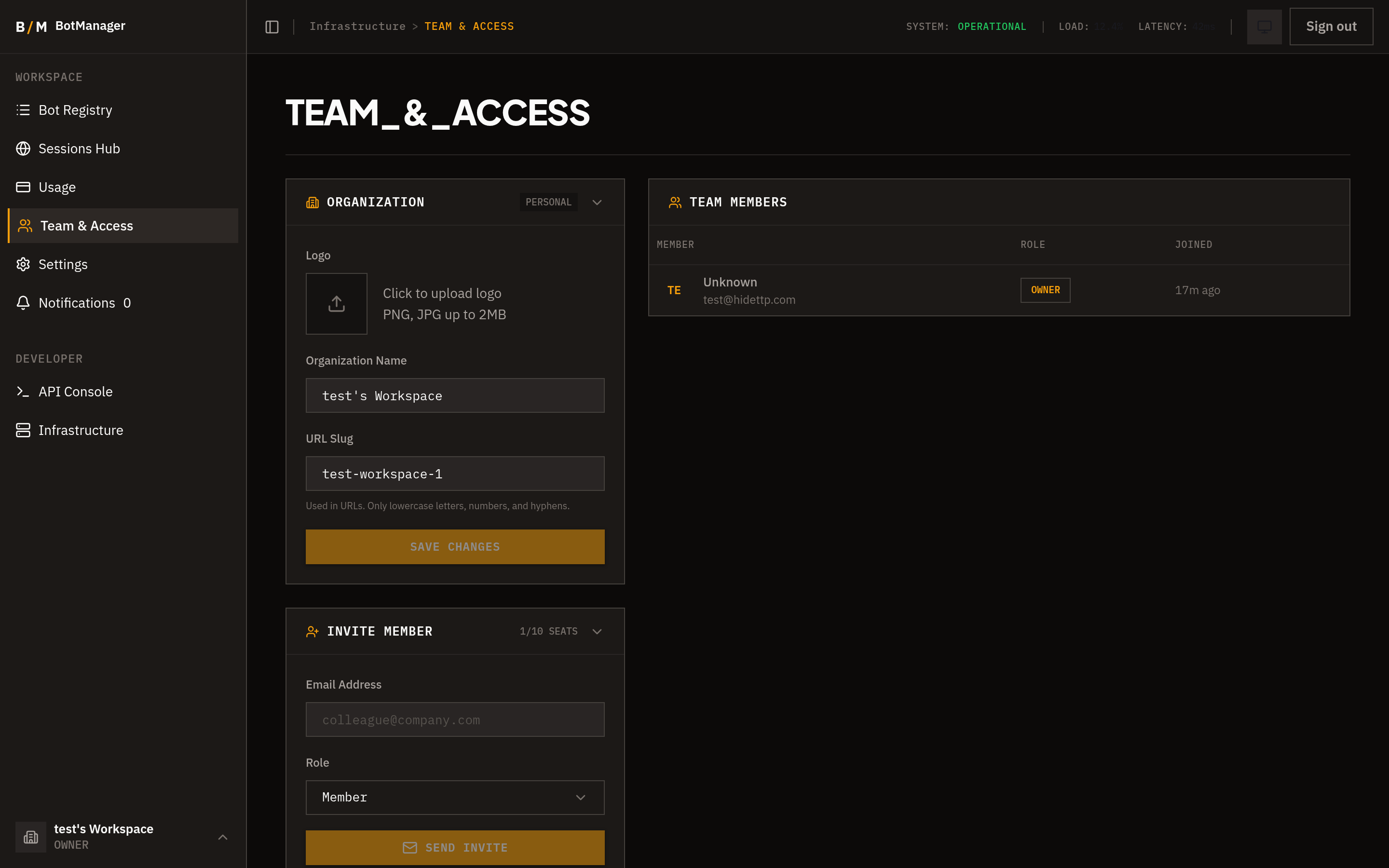 Team &amp; Access page with organization settings and member management